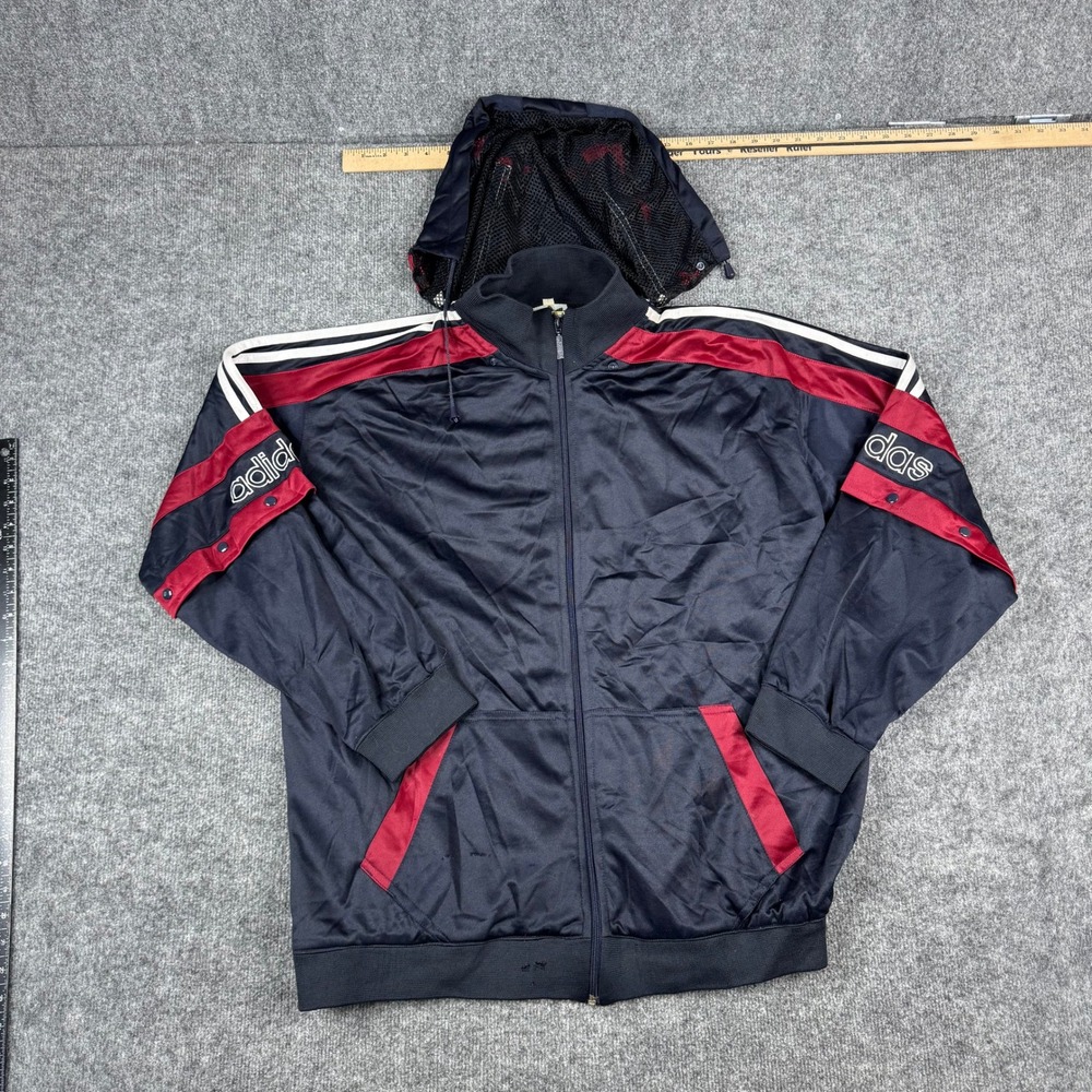 Adidas Track Jacket Mens Size L Navy Blue Red Full Zip Hooded Vintage Rips